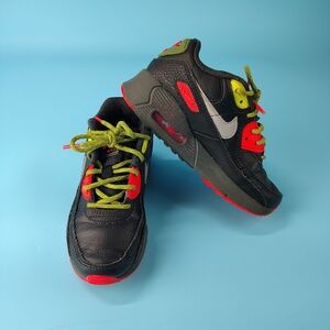 Nike Air Max 90 Kids Sz 1Y Black Green Infared Bright Red "Asparagus" Shoes VG